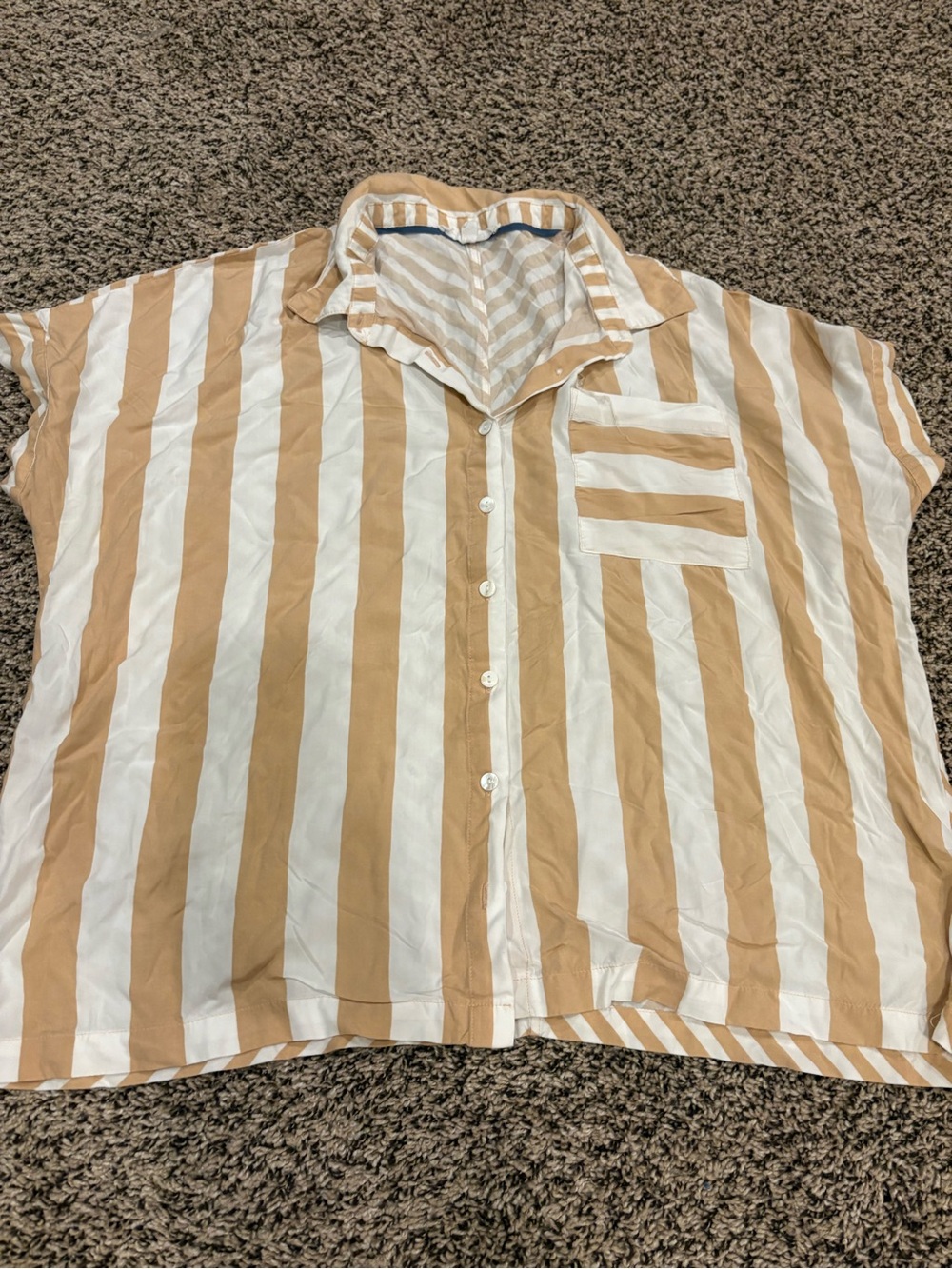 Short-Sleeve Striped Button-Down Shirt - Cream/Tan